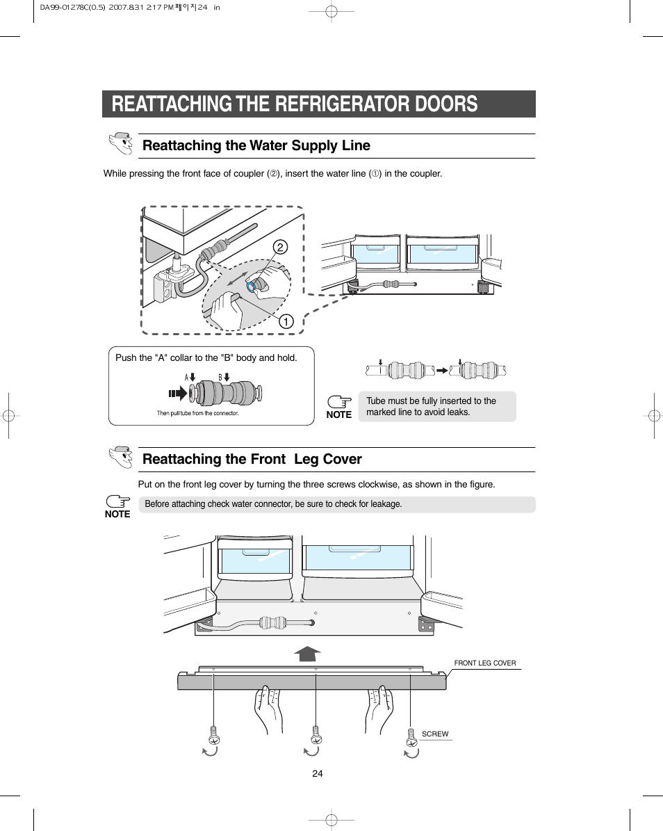 Reattaching the refrigerator doors | Samsung DA99-01278C User Manual | Page 24 / 32