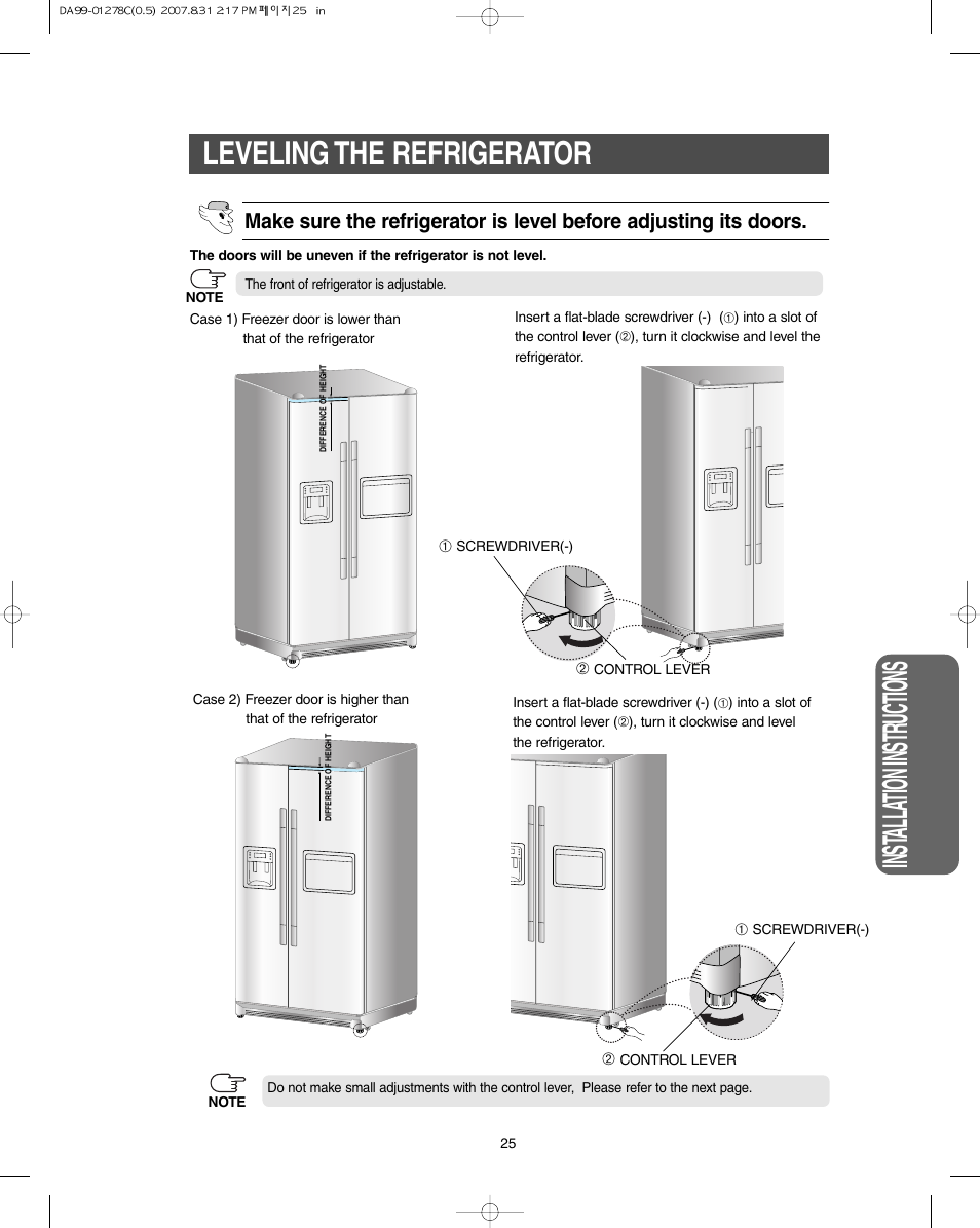 Leveling the refrigerator, Inst alla tion instr uctions | Samsung DA99-01278C User Manual | Page 25 / 32