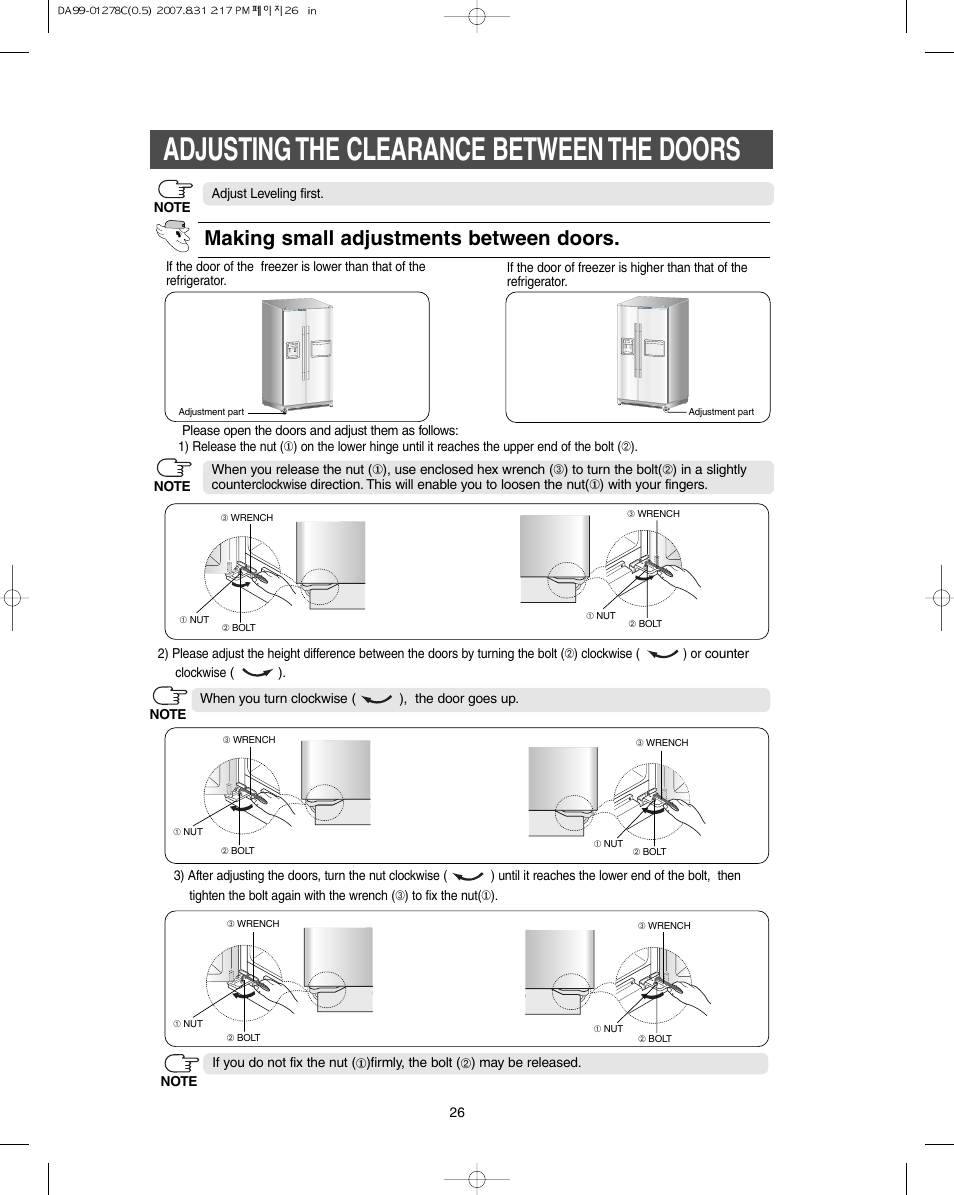 Adjusting the clearance between the doors, Making small adjustments between doors | Samsung DA99-01278C User Manual | Page 26 / 32