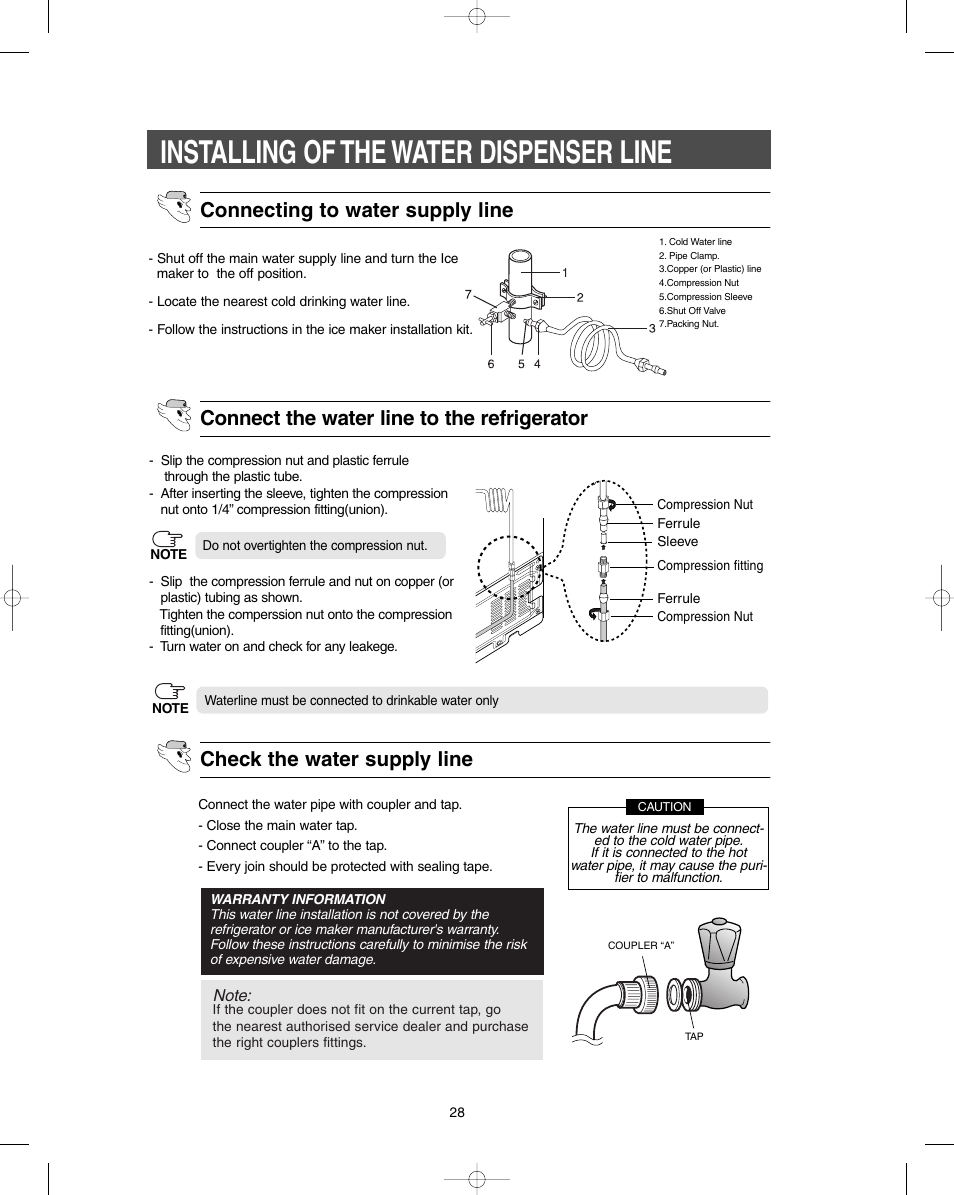 Installing of the water dispenser line | Samsung DA99-01278C User Manual | Page 28 / 32