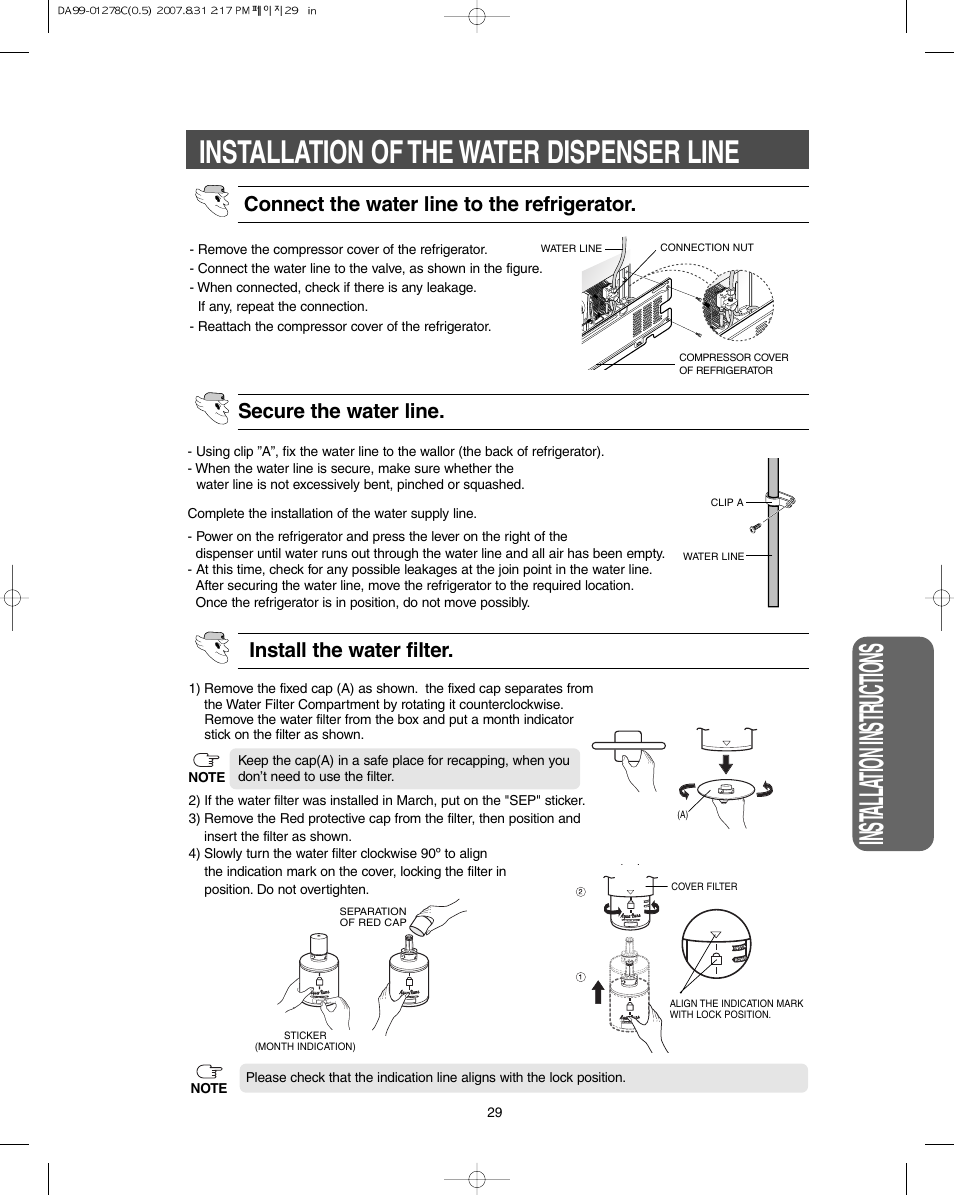 Inst alla tion instr uctions, Installation of the water dispenser line, Install the water filter | Samsung DA99-01278C User Manual | Page 29 / 32