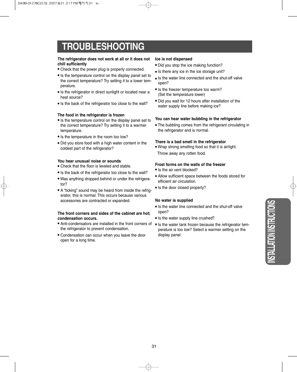 Troubleshooting, Inst alla tion instr uctions | Samsung DA99-01278C User Manual | Page 31 / 32