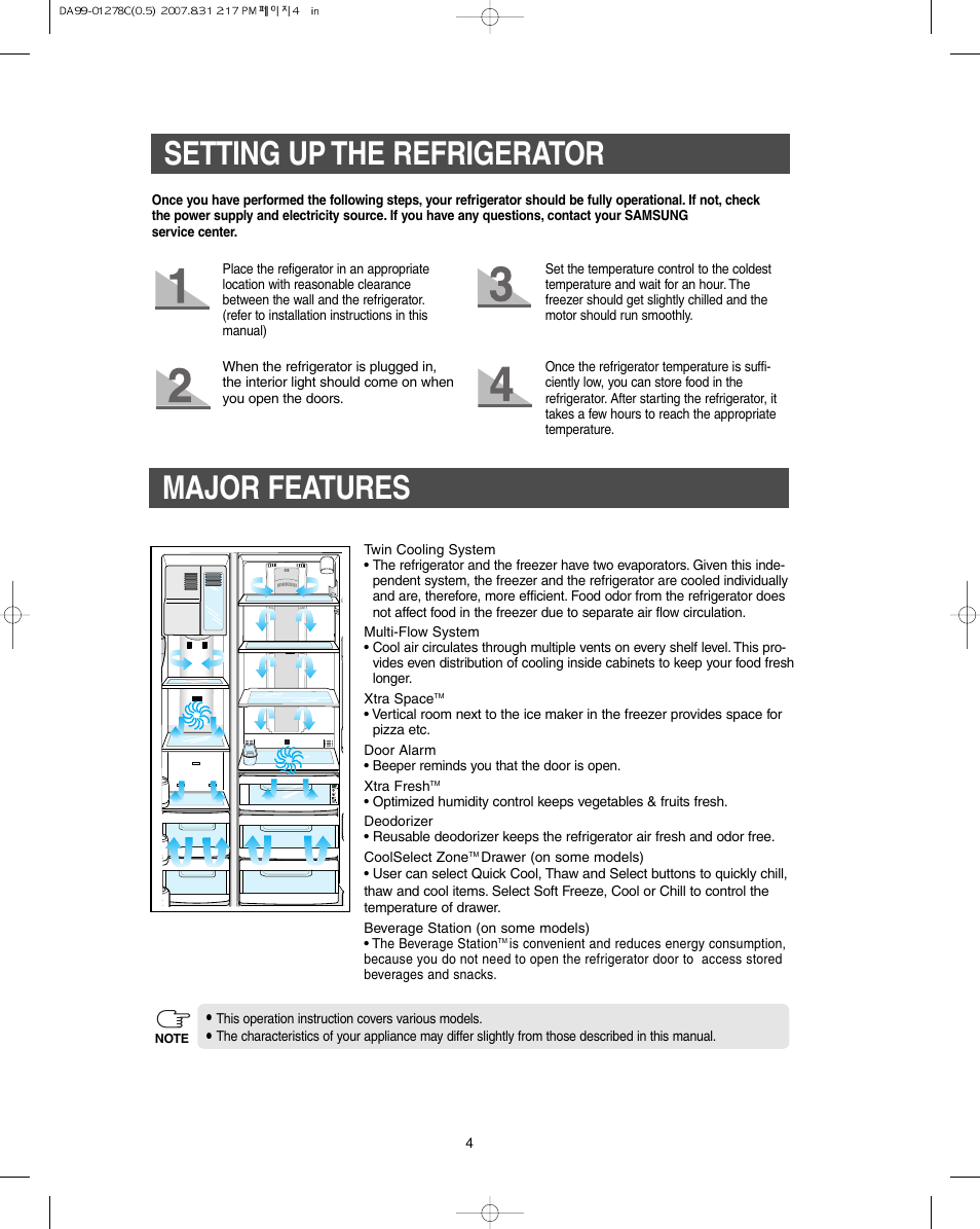 Setting up the refrigerator, Major features | Samsung DA99-01278C User Manual | Page 4 / 32