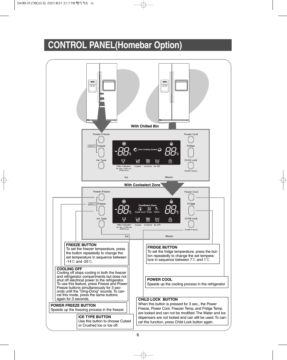 Control panel(homebar option) | Samsung DA99-01278C User Manual | Page 6 / 32