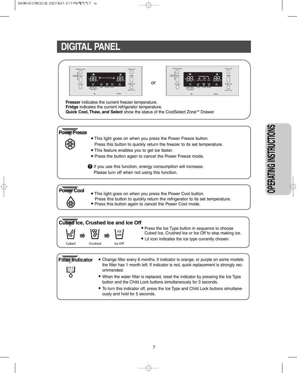 Digital panel, Opera ting instr uctions | Samsung DA99-01278C User Manual | Page 7 / 32
