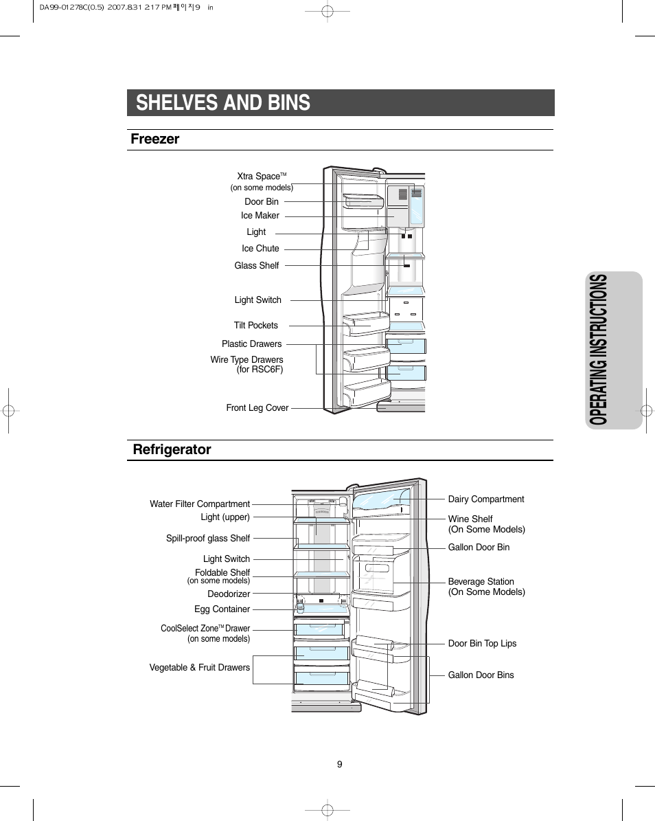 Shelves and bins, Opera ting instr uctions, Freezer | Refrigerator | Samsung DA99-01278C User Manual | Page 9 / 32