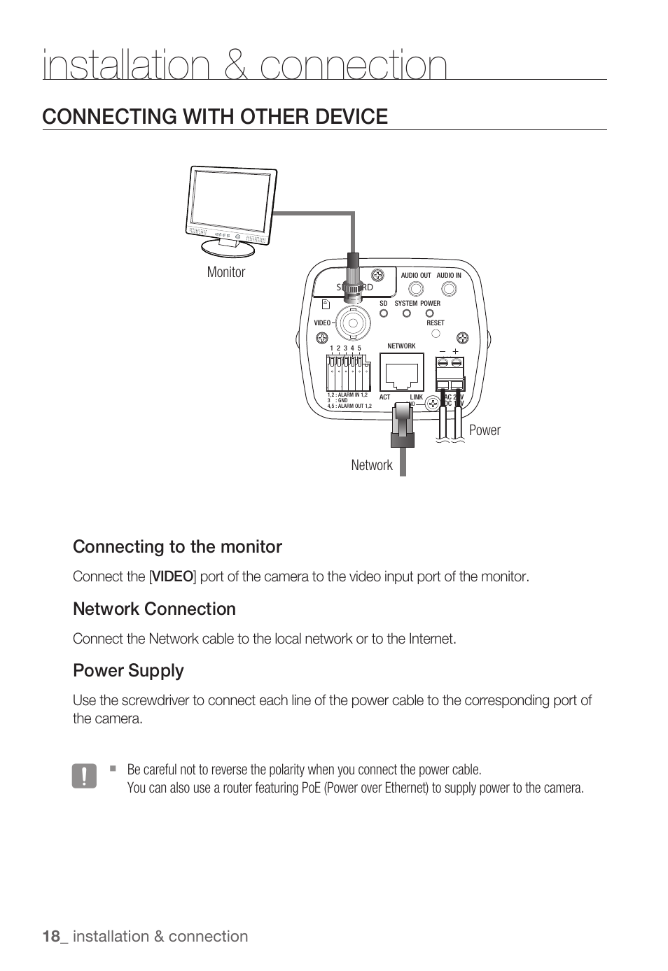 Installation & connection, Connecting with other device, Connecting to the monitor | Network connection, Power supply, 1_ installation & connection | Samsung SNB-3000(P) User Manual | Page 18 / 111