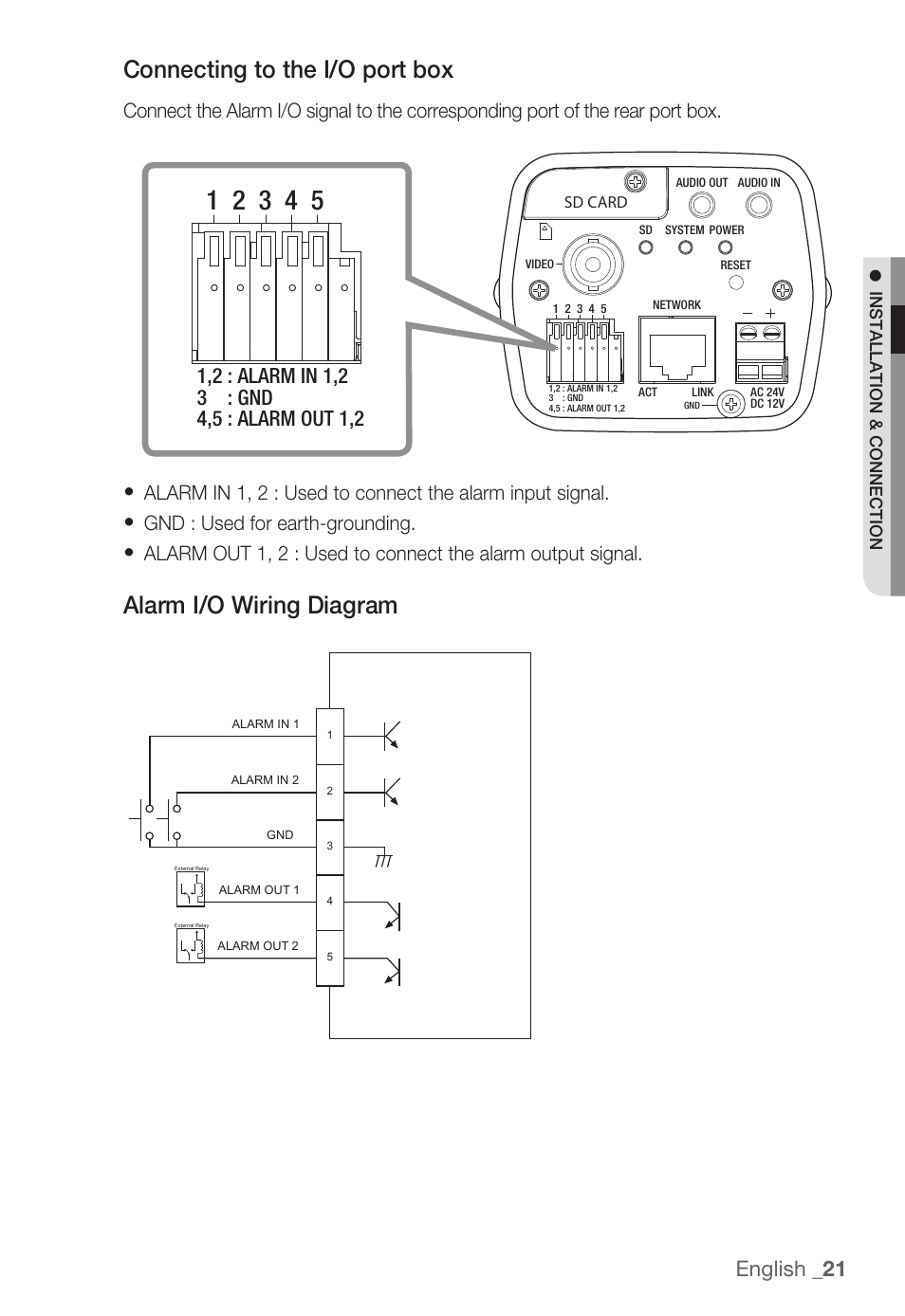 Connecting to the i/o port box, Alarm i/o wiring diagram, English _1 | Samsung SNB-3000(P) User Manual | Page 21 / 111