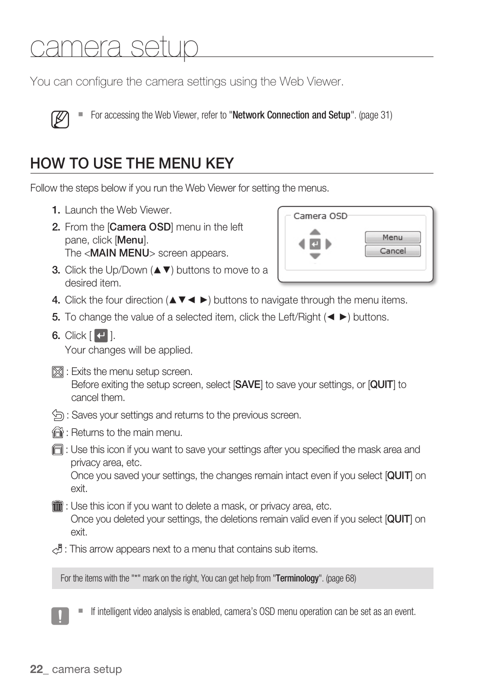 Camera setup, How to use the menu key | Samsung SNB-3000(P) User Manual | Page 22 / 111