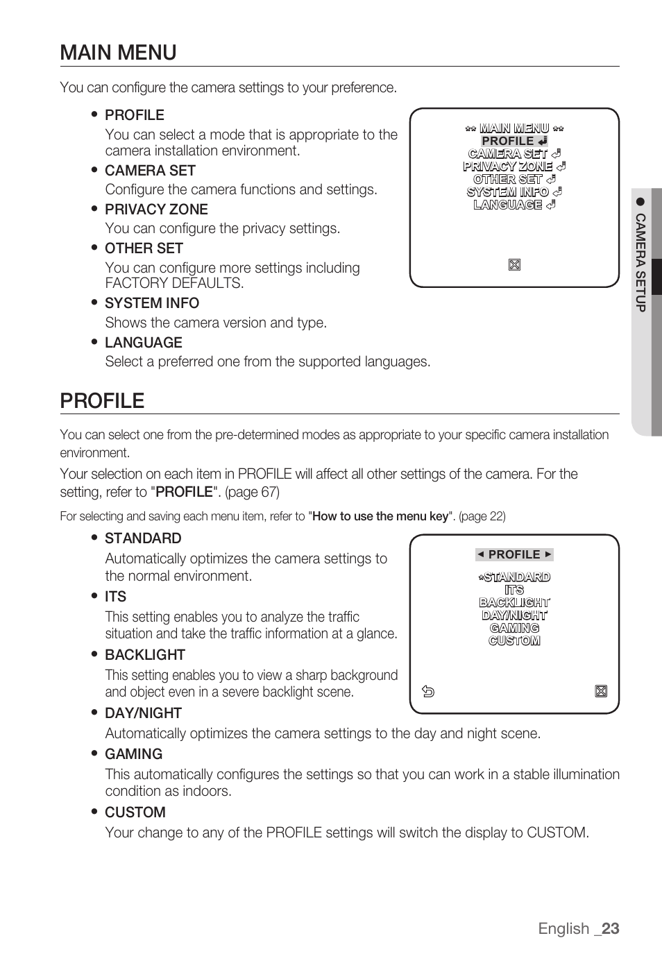 Main menu, Profile | Samsung SNB-3000(P) User Manual | Page 23 / 111