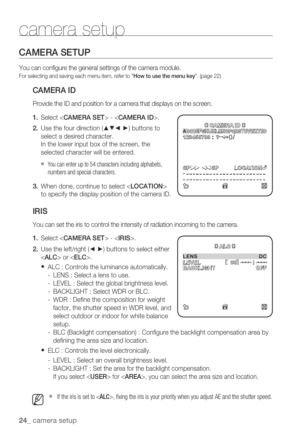 Camera setup, Camera id, Iris | Samsung SNB-3000(P) User Manual | Page 24 / 111