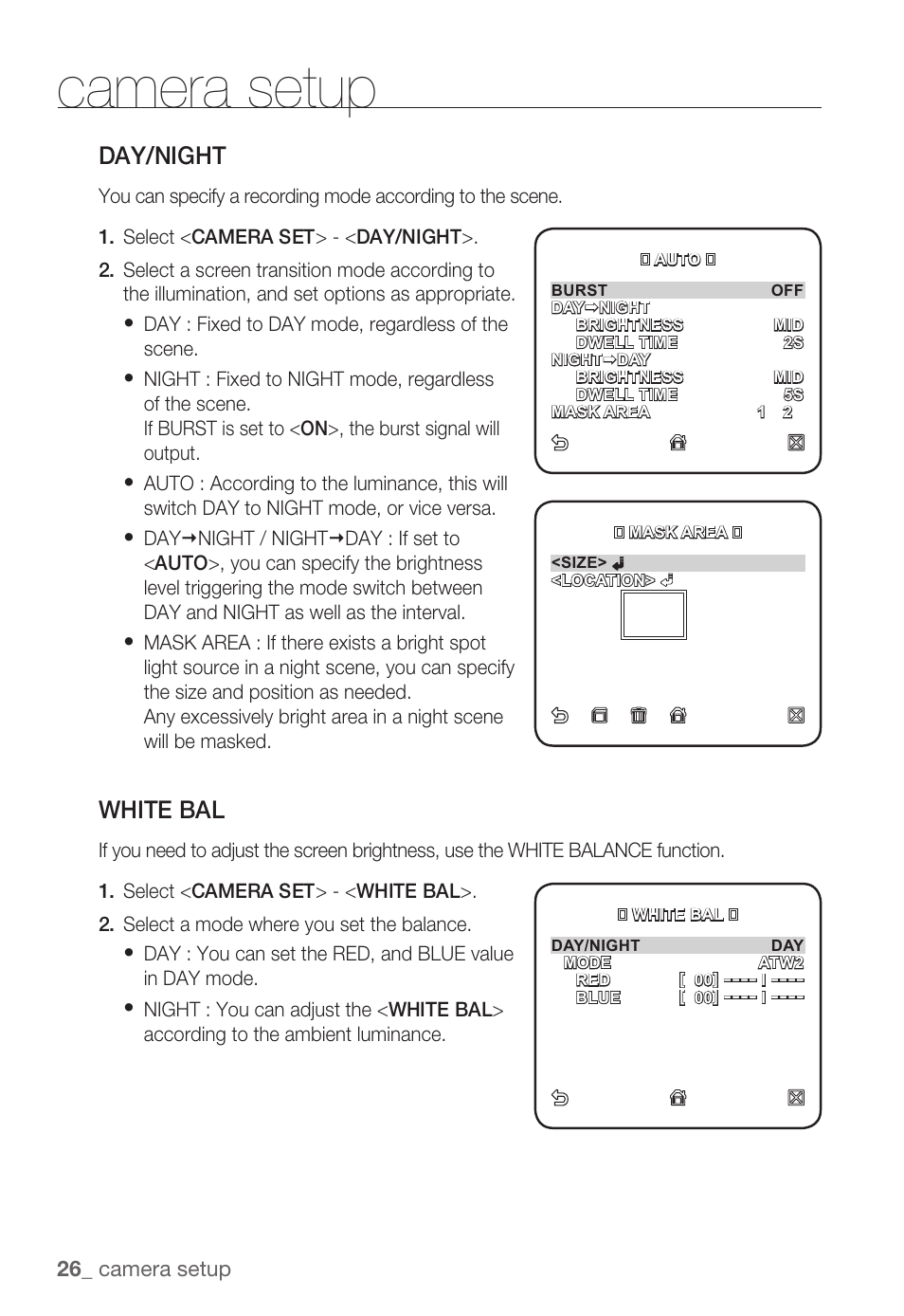 Camera setup, Day/night, White bal | Samsung SNB-3000(P) User Manual | Page 26 / 111