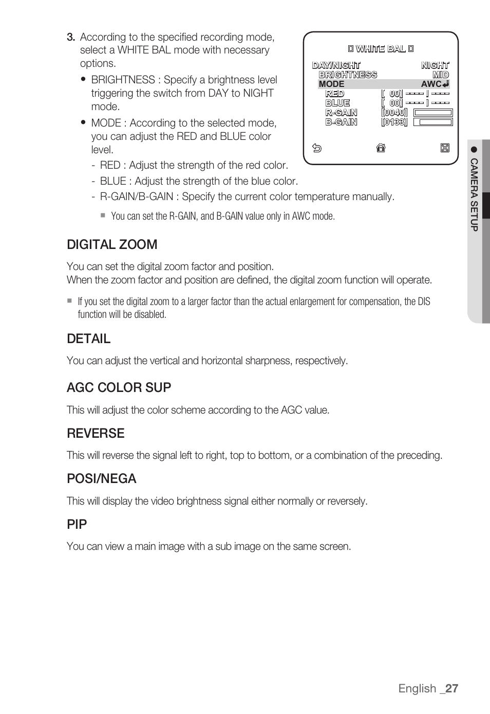 Digital zoom, Detail, Agc color sup | Reverse, Posi/nega | Samsung SNB-3000(P) User Manual | Page 27 / 111