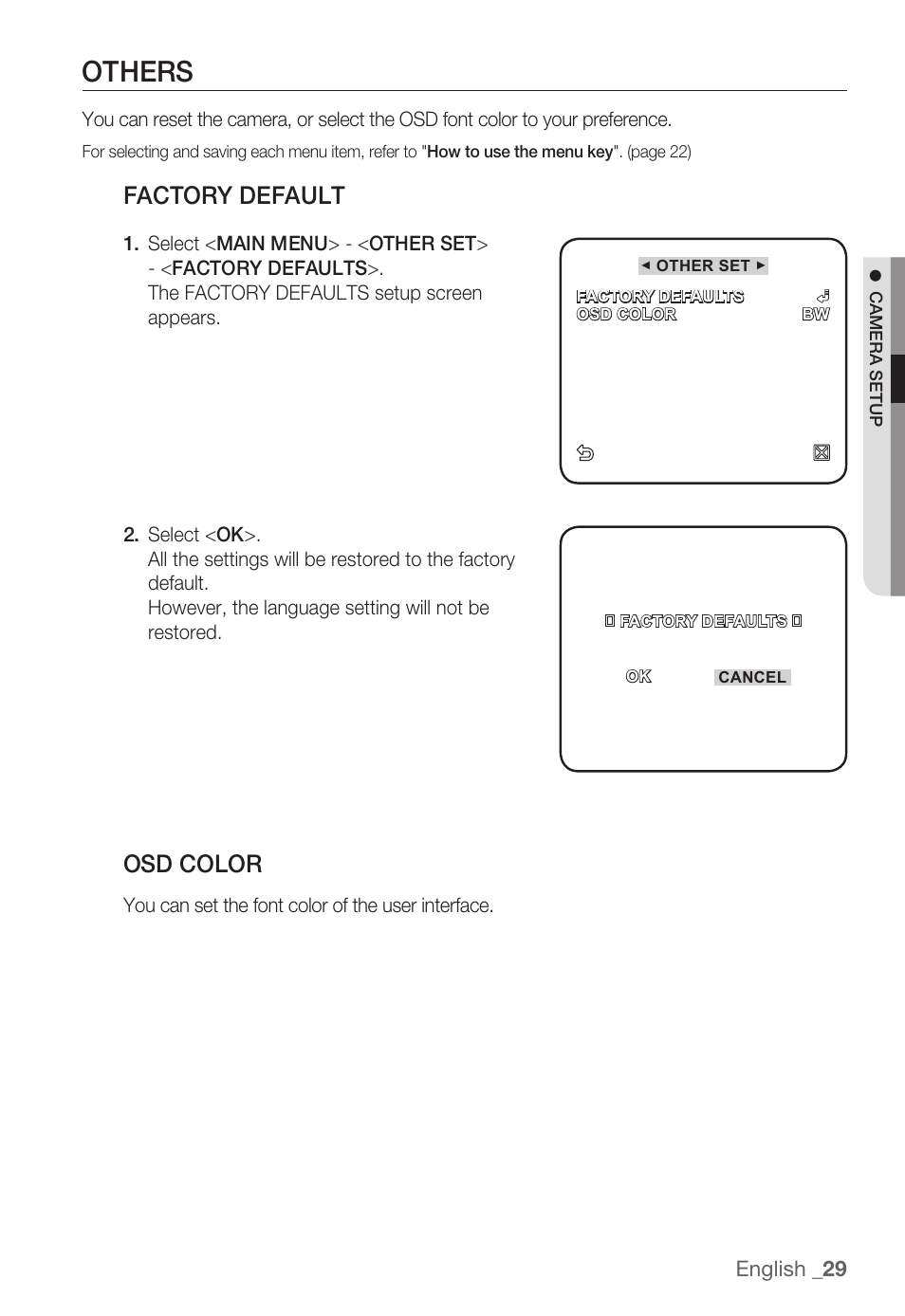 Others, Factory default, Osd color | Samsung SNB-3000(P) User Manual | Page 29 / 111