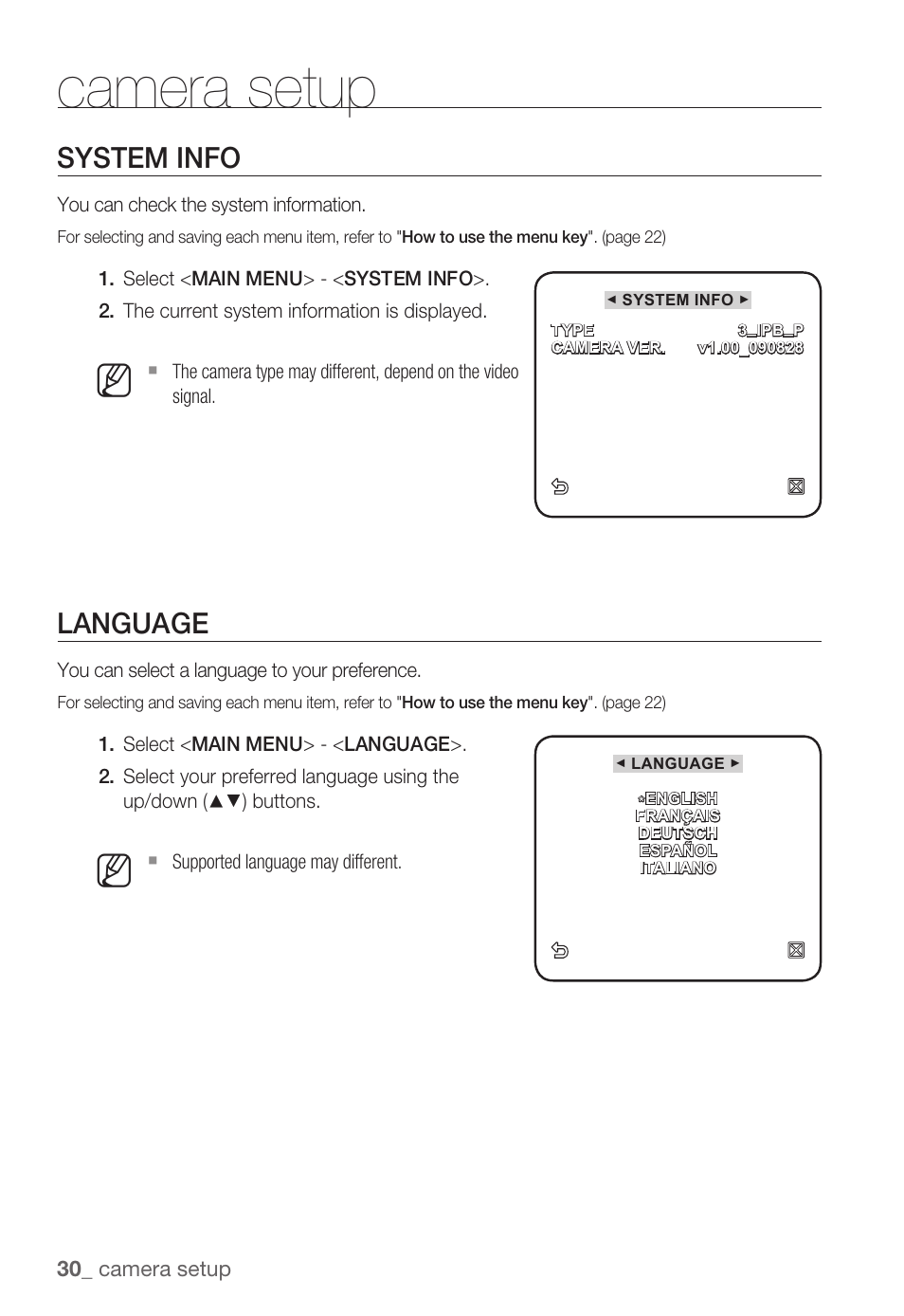 Camera setup, System info, Language | Samsung SNB-3000(P) User Manual | Page 30 / 111