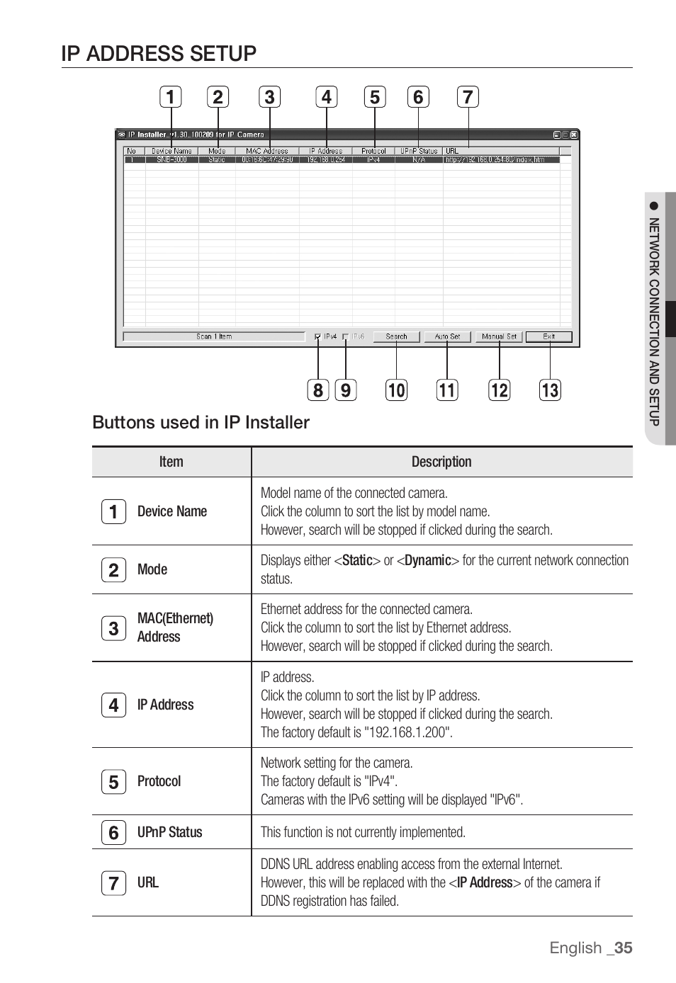 Ip address setup, Buttons used in ip installer | Samsung SNB-3000(P) User Manual | Page 35 / 111