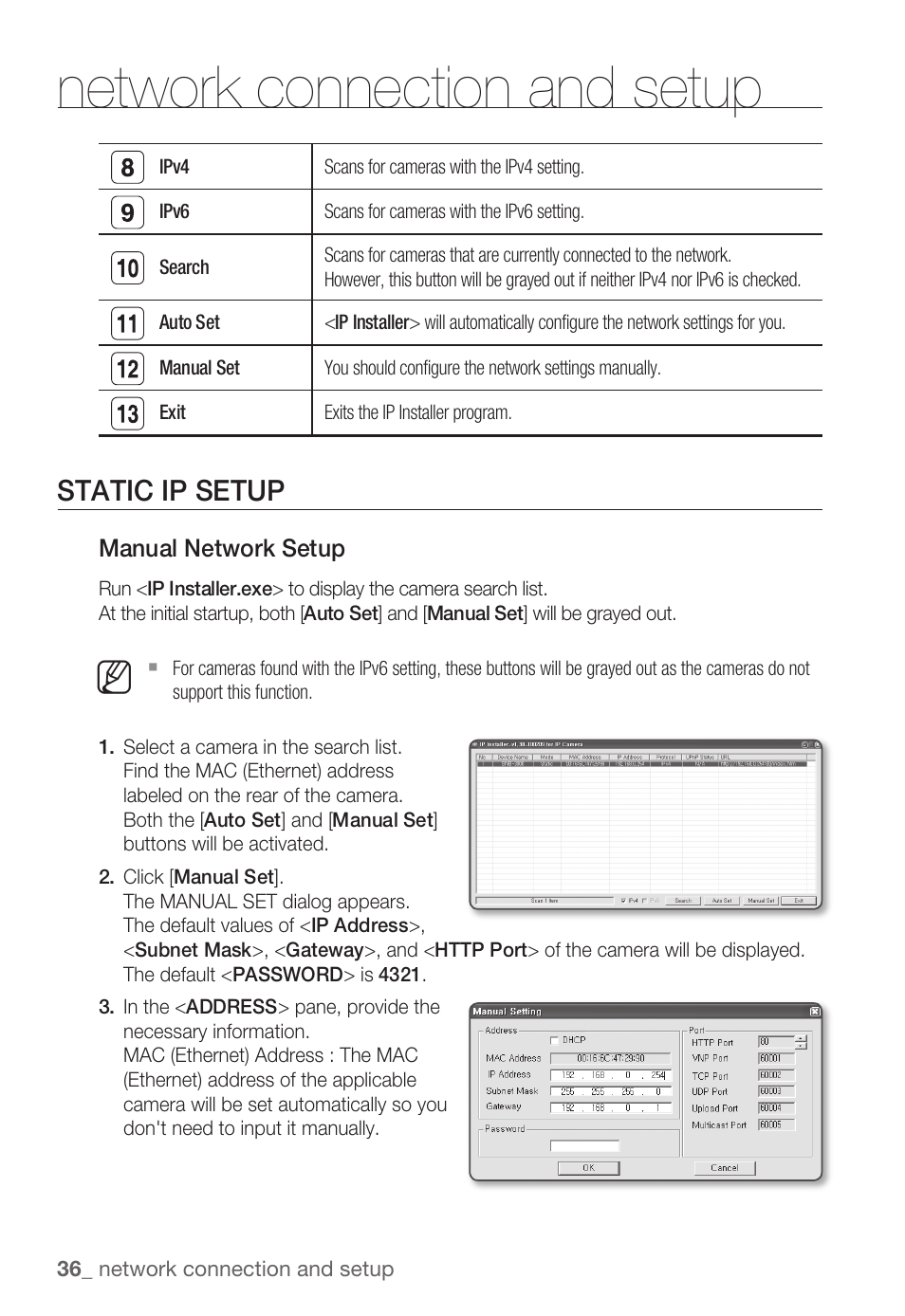 Network connection and setup, Static ip setup | Samsung SNB-3000(P) User Manual | Page 36 / 111