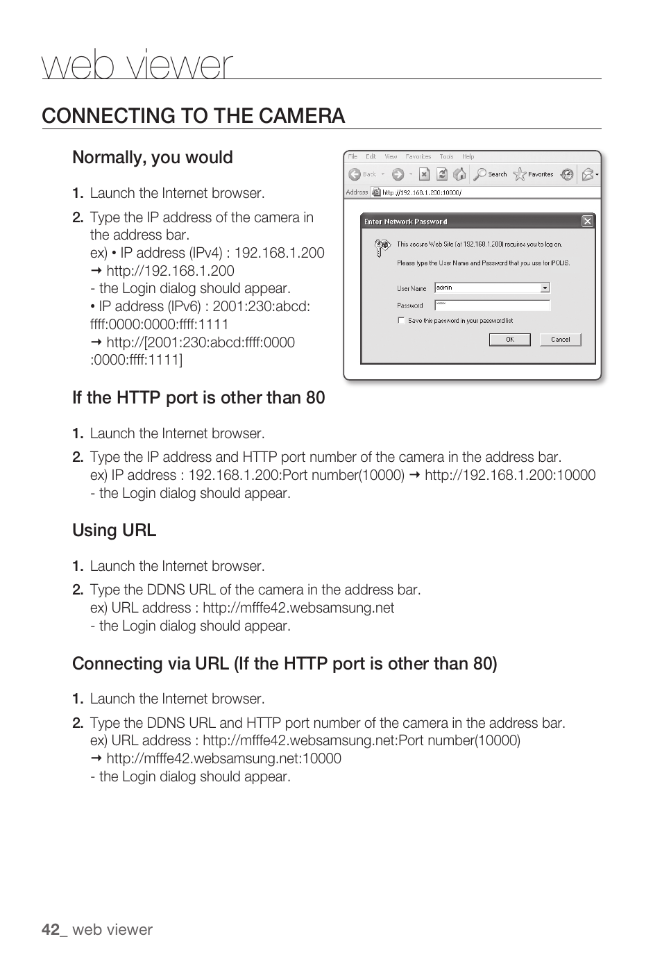 Web viewer, Connecting to the camera | Samsung SNB-3000(P) User Manual | Page 42 / 111