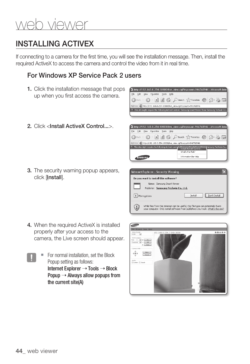 Web viewer, Installing activex | Samsung SNB-3000(P) User Manual | Page 44 / 111