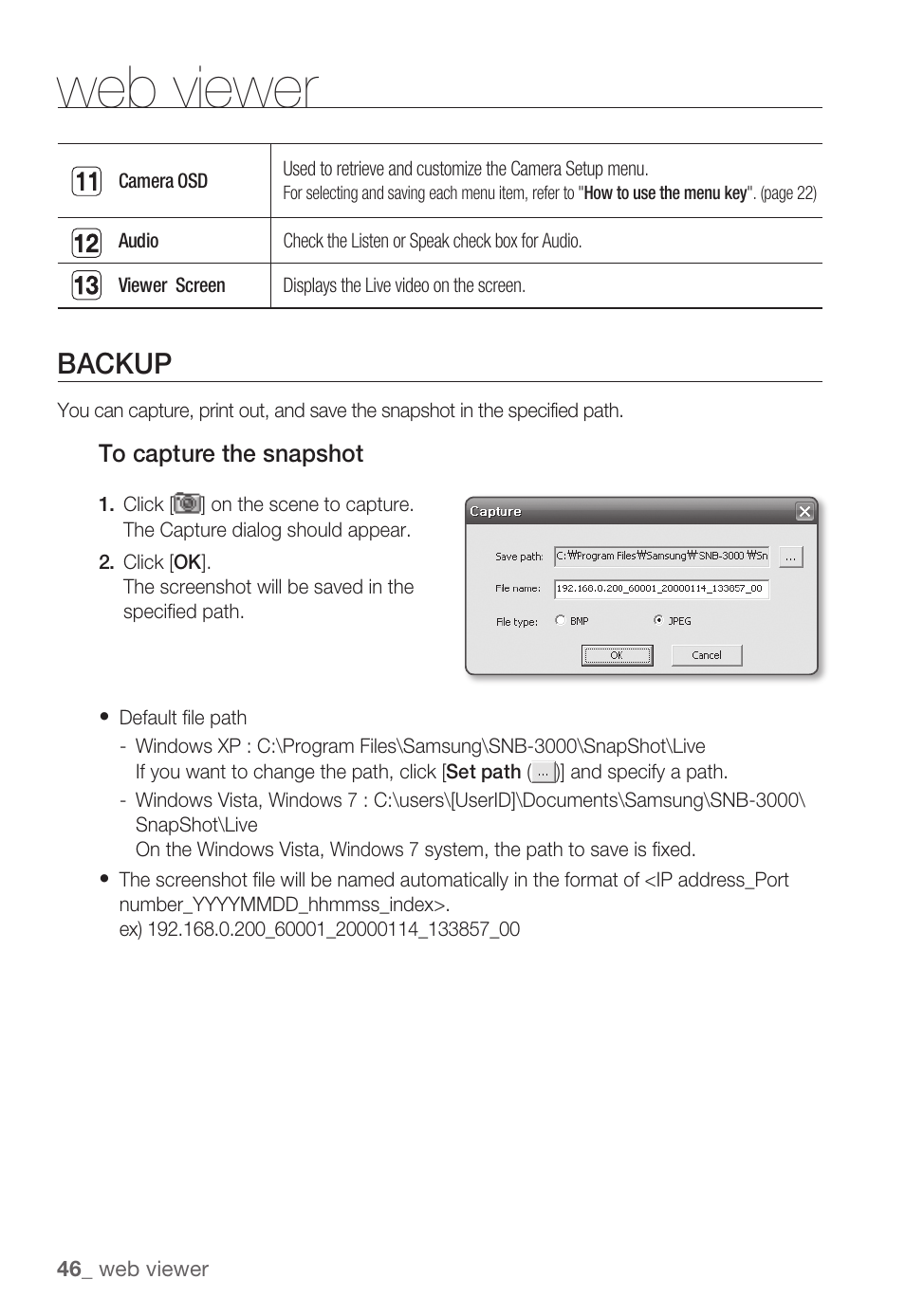 Web viewer, Backup | Samsung SNB-3000(P) User Manual | Page 46 / 111