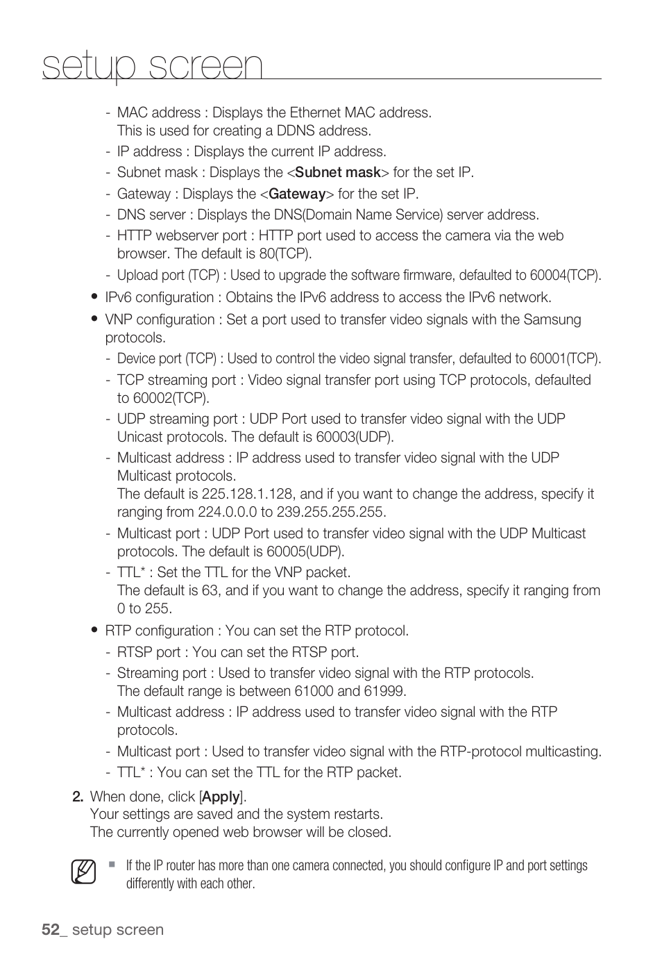 Setup screen | Samsung SNB-3000(P) User Manual | Page 52 / 111