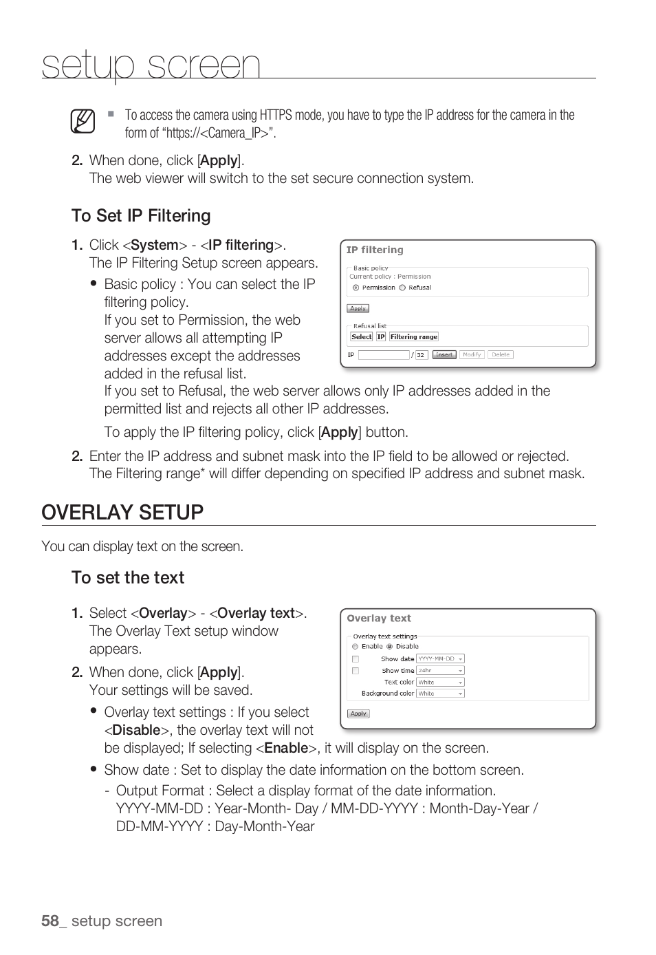 Setup screen, Overlay setup | Samsung SNB-3000(P) User Manual | Page 58 / 111