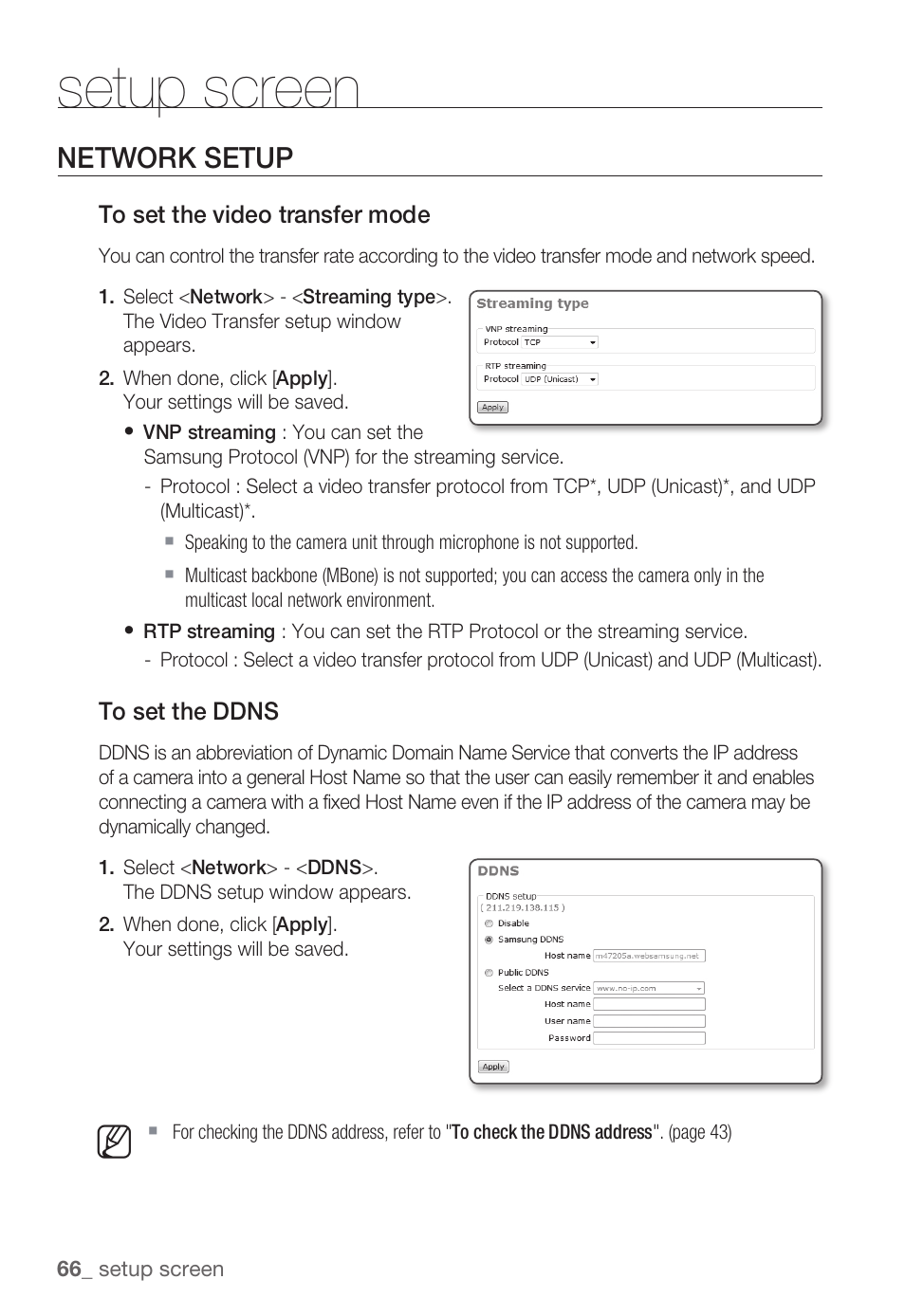 Setup screen, Network setup | Samsung SNB-3000(P) User Manual | Page 66 / 111