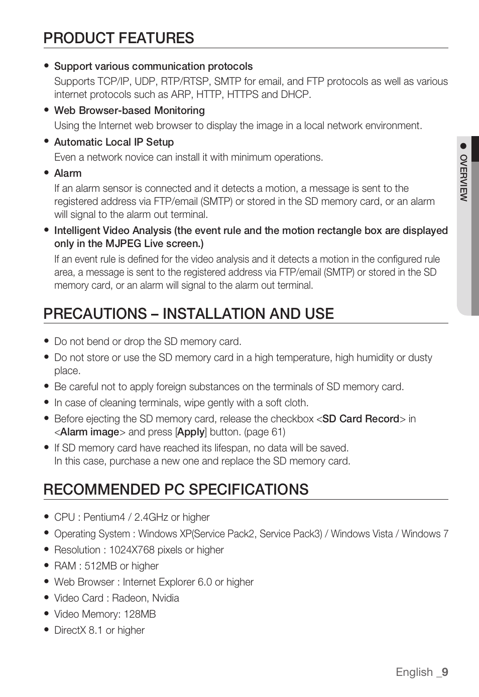 Product features, Precautions – installation and use, Recommended pc specifications | Samsung SNB-3000(P) User Manual | Page 9 / 111