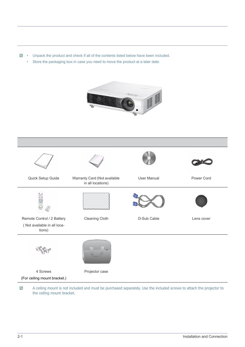 2 installation and connection, 1 package contents, Installation and connection | Package contents -1, 2installation and connection | Samsung SP-M305 User Manual | Page 11 / 89