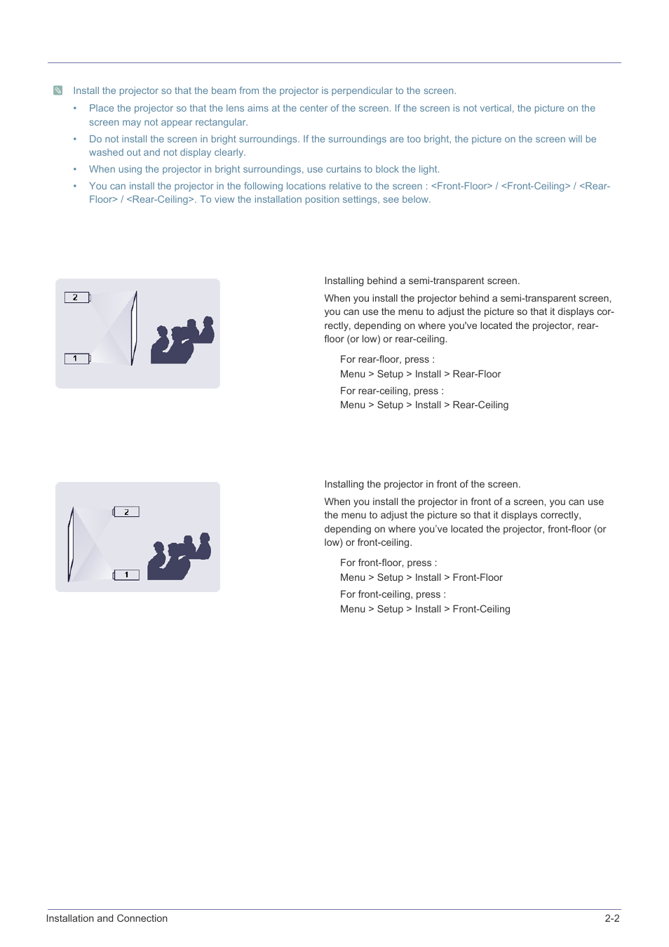 2 installing the projector, Installing the projector -2 | Samsung SP-M305 User Manual | Page 12 / 89