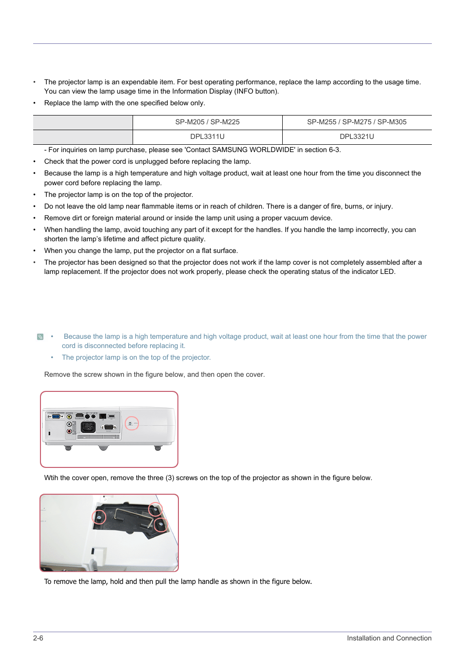 6 lamp replacement, Lamp replacement -6, Cautions on lamp replacement | Lamp replacement procedure | Samsung SP-M305 User Manual | Page 17 / 89