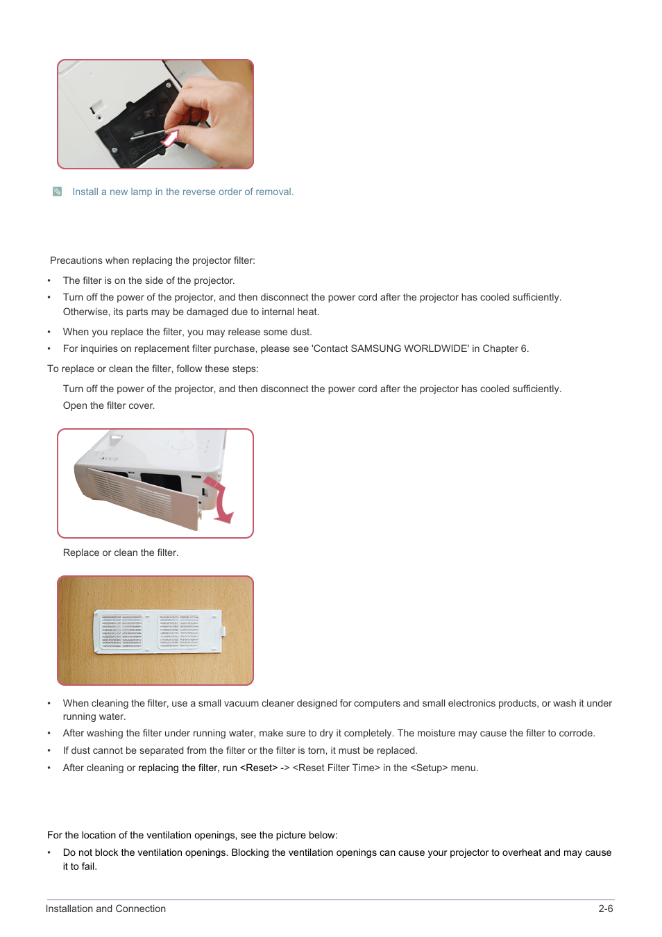 Replacing and cleaning the filter, Ventilation openings | Samsung SP-M305 User Manual | Page 18 / 89