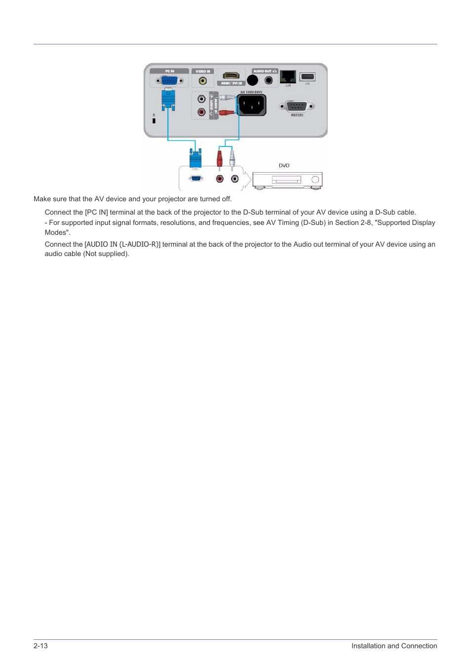 13 connecting an av device using a d-sub cable, Connecting an av device using a d-sub cable -13 | Samsung SP-M305 User Manual | Page 29 / 89