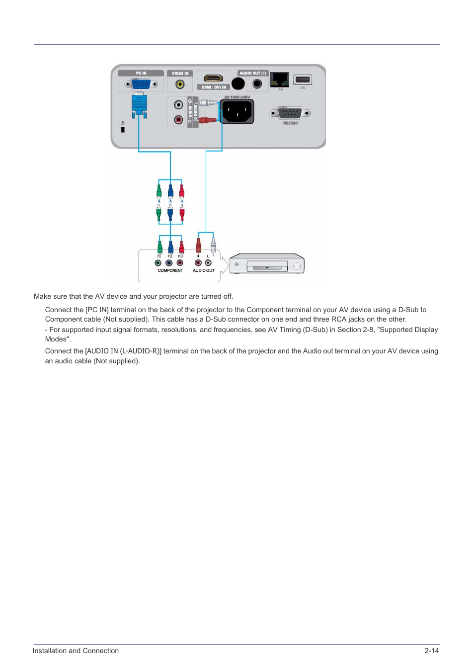 14 connecting an av device with component output, Connecting an av device with component output -14 | Samsung SP-M305 User Manual | Page 30 / 89