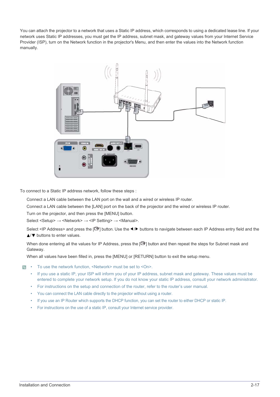 17-2. connecting to a static ip network | Samsung SP-M305 User Manual | Page 34 / 89