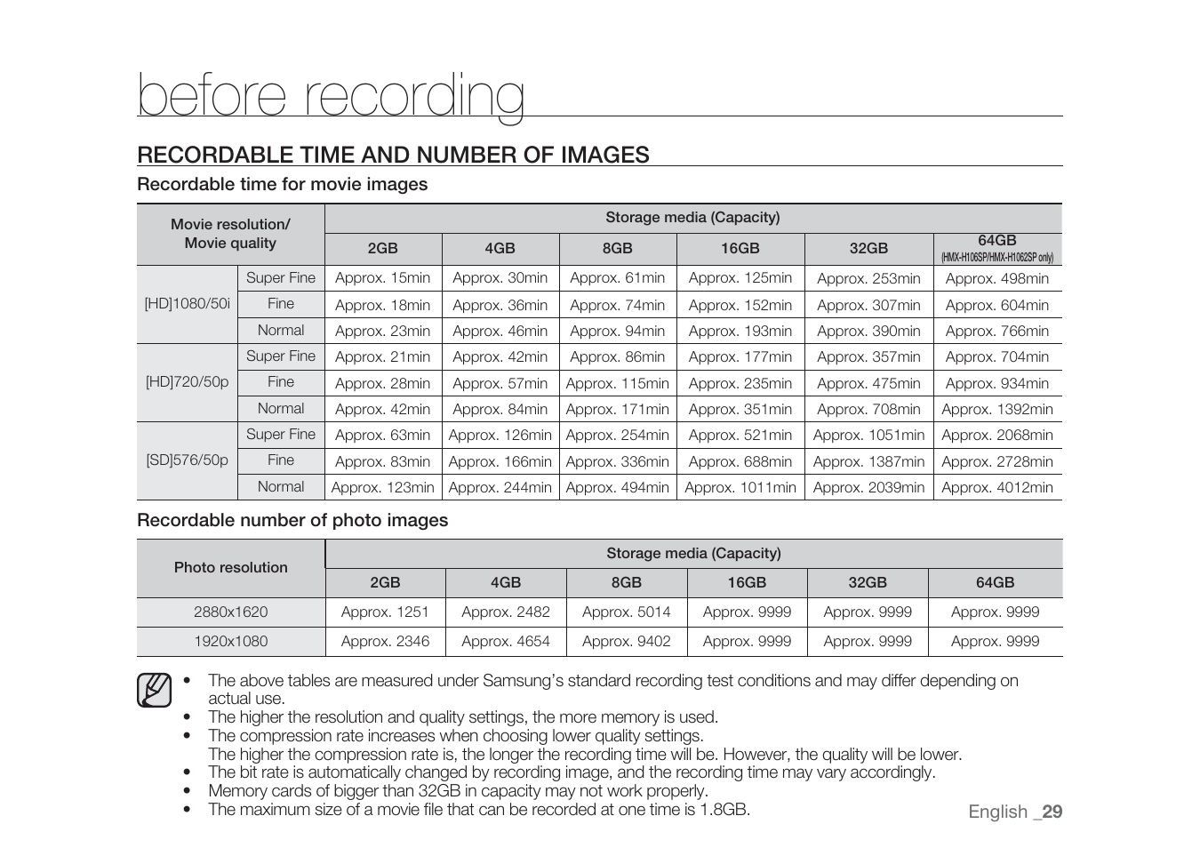 Before recording, Recordable time and number of images | Samsung HMX-H1062SP User Manual | Page 39 / 144