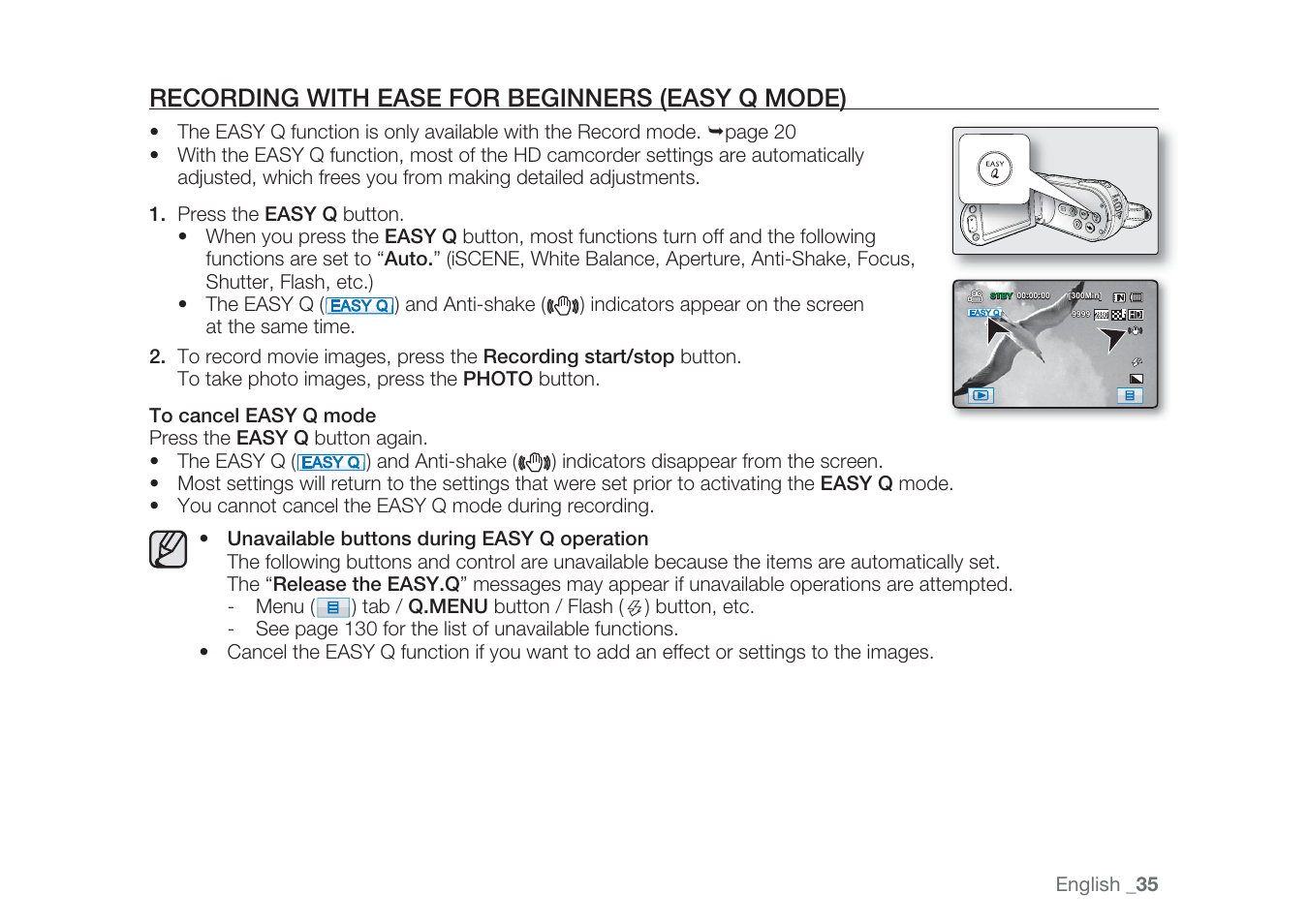 Recording with ease for beginners (easy q mode) | Samsung HMX-H1062SP User Manual | Page 45 / 144