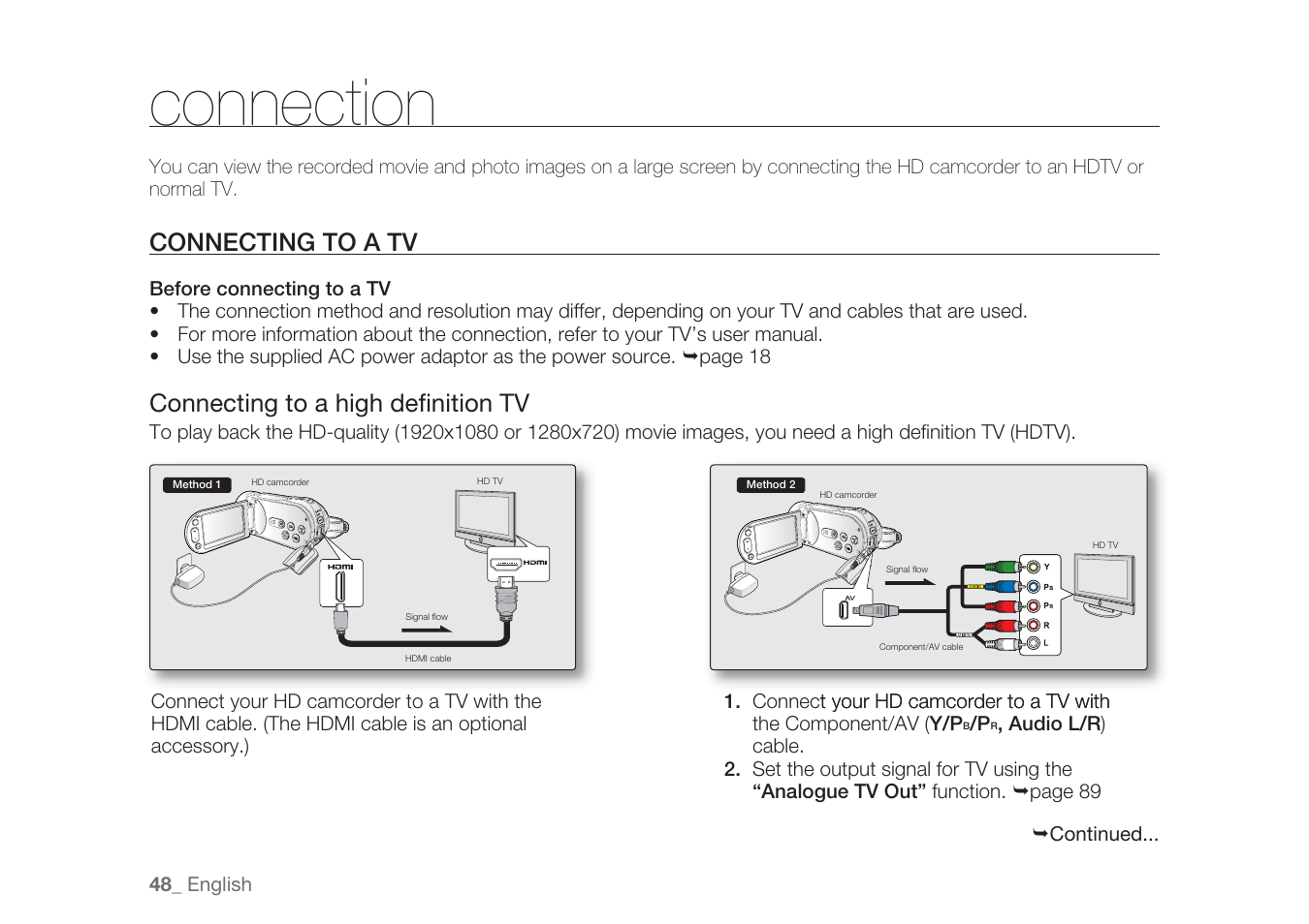 Connection, Connecting to a tv, Connecting to a high deﬁnition tv | Samsung HMX-H1062SP User Manual | Page 58 / 144