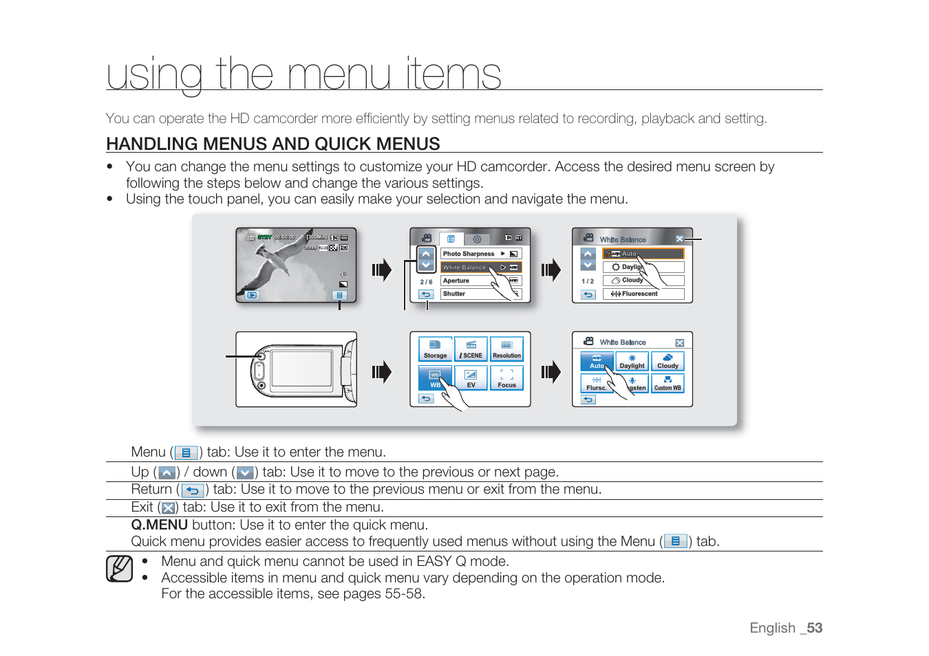 Using the menu items, Handling menus and quick menus, English _ 53 | Samsung HMX-H1062SP User Manual | Page 63 / 144