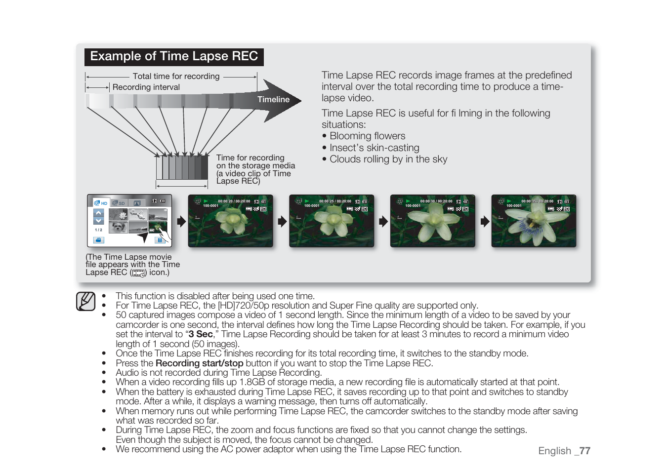 Example of time lapse rec, English _ 77 | Samsung HMX-H1062SP User Manual | Page 87 / 144