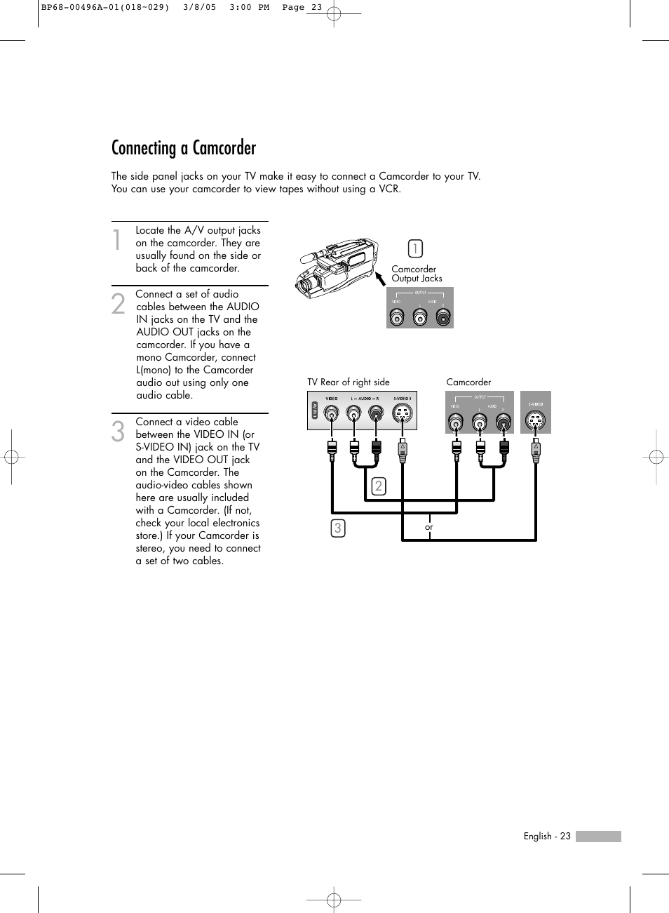 Connecting a camcorder | Samsung HL-R4266W User Manual | Page 23 / 108