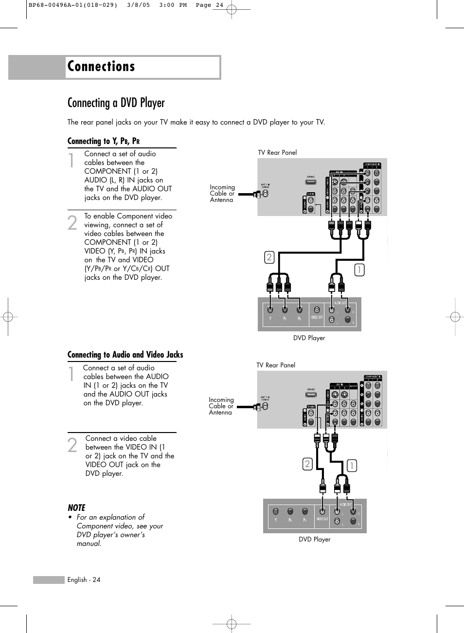 Connecting a dvd player, Connecting to y, pb, pr, Connecting to audio and video jacks | Connections | Samsung HL-R4266W User Manual | Page 24 / 108