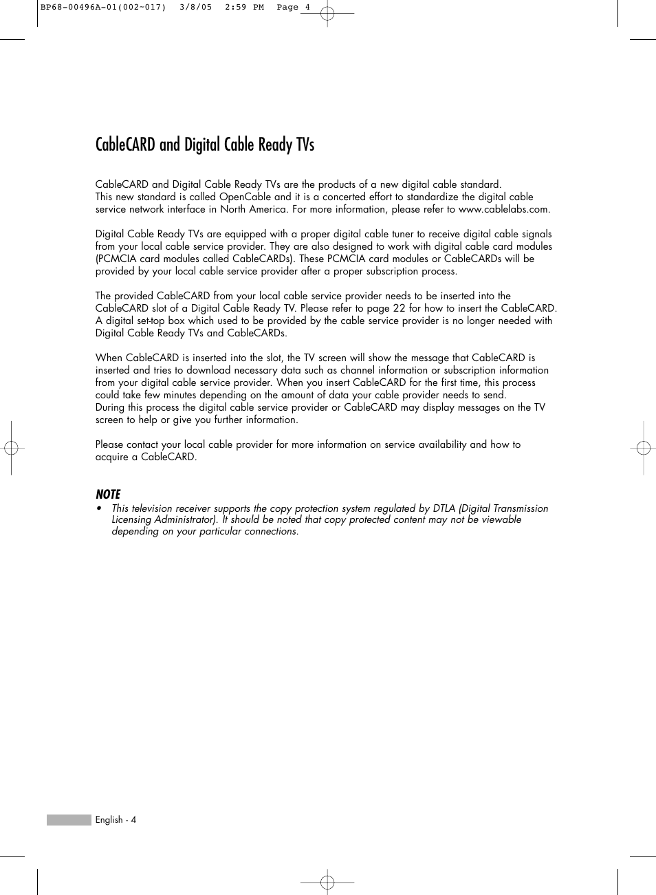 Cablecard and digital cable ready tvs | Samsung HL-R4266W User Manual | Page 4 / 108