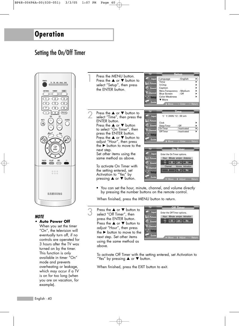 Setting the on/off timer, Operation | Samsung HL-R4266W User Manual | Page 40 / 108