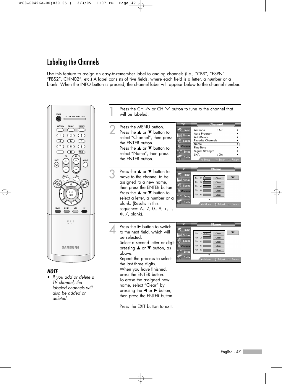 Labeling the channels | Samsung HL-R4266W User Manual | Page 47 / 108