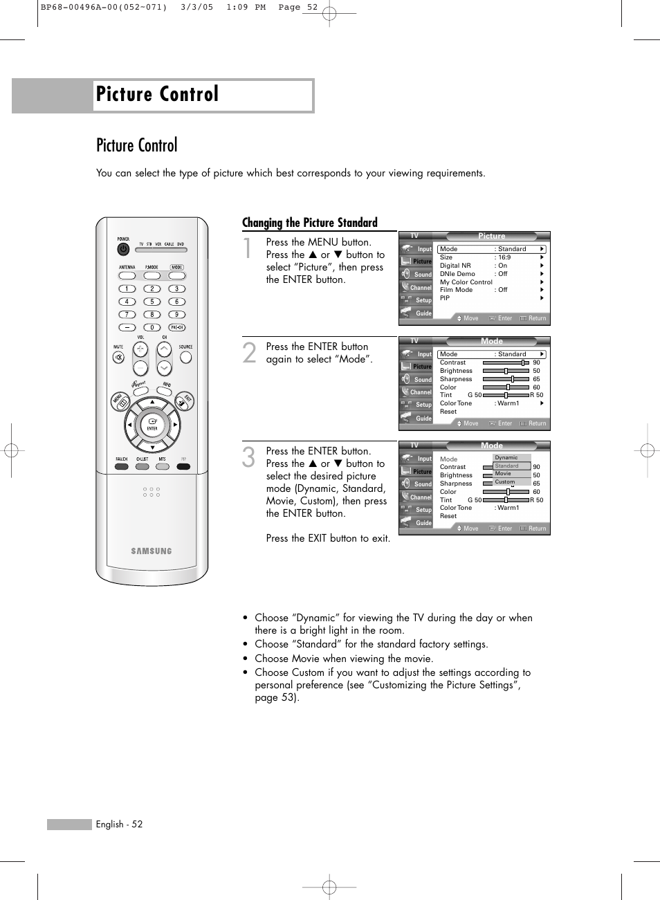 Picture control, Changing the picture standard | Samsung HL-R4266W User Manual | Page 52 / 108