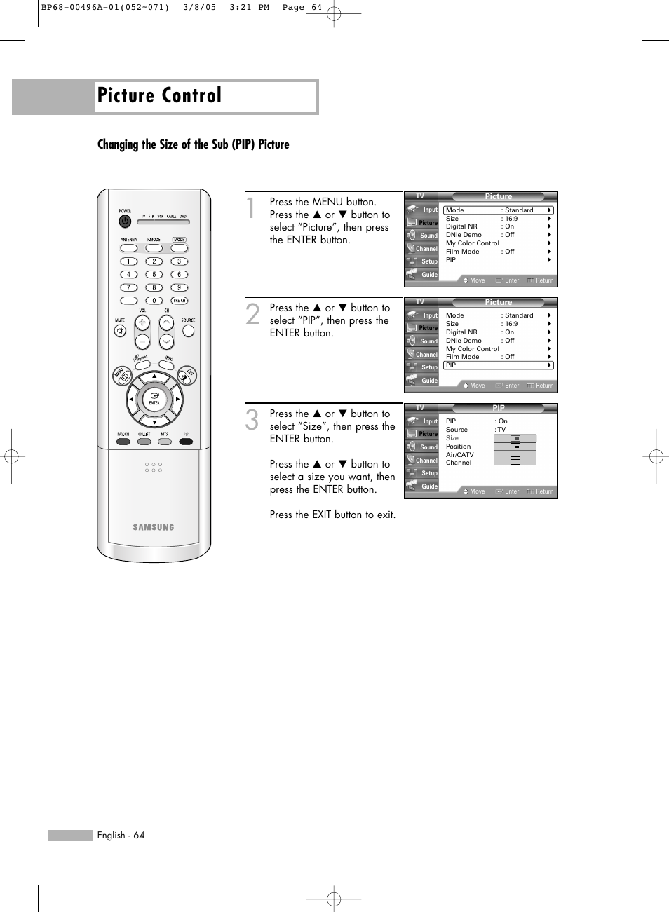 Picture control, Changing the size of the sub (pip) picture | Samsung HL-R4266W User Manual | Page 64 / 108