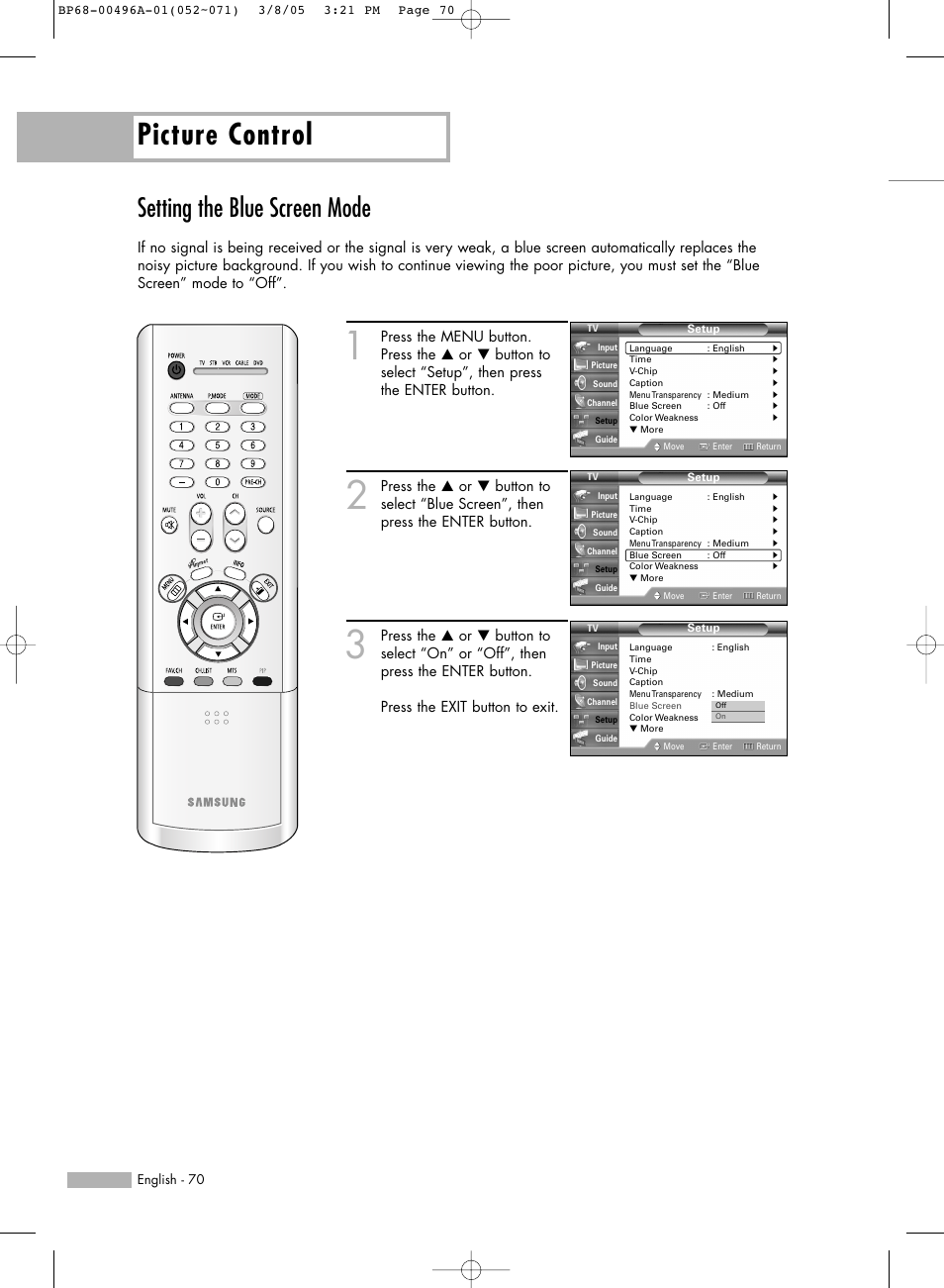 Setting the blue screen mode, Picture control | Samsung HL-R4266W User Manual | Page 70 / 108
