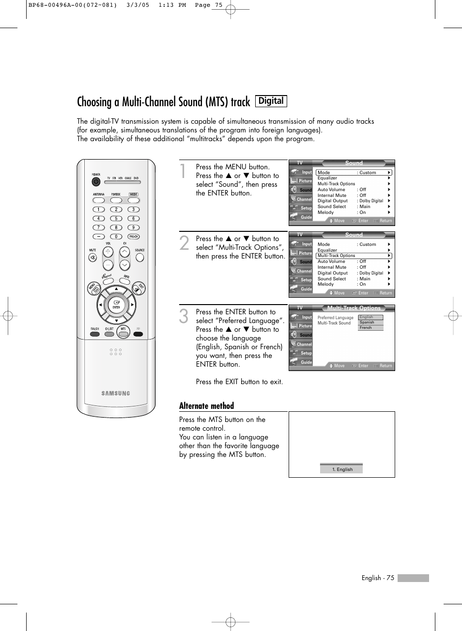 Choosing a multi-channel sound (mts) track, Digital, Alternate method | Samsung HL-R4266W User Manual | Page 75 / 108