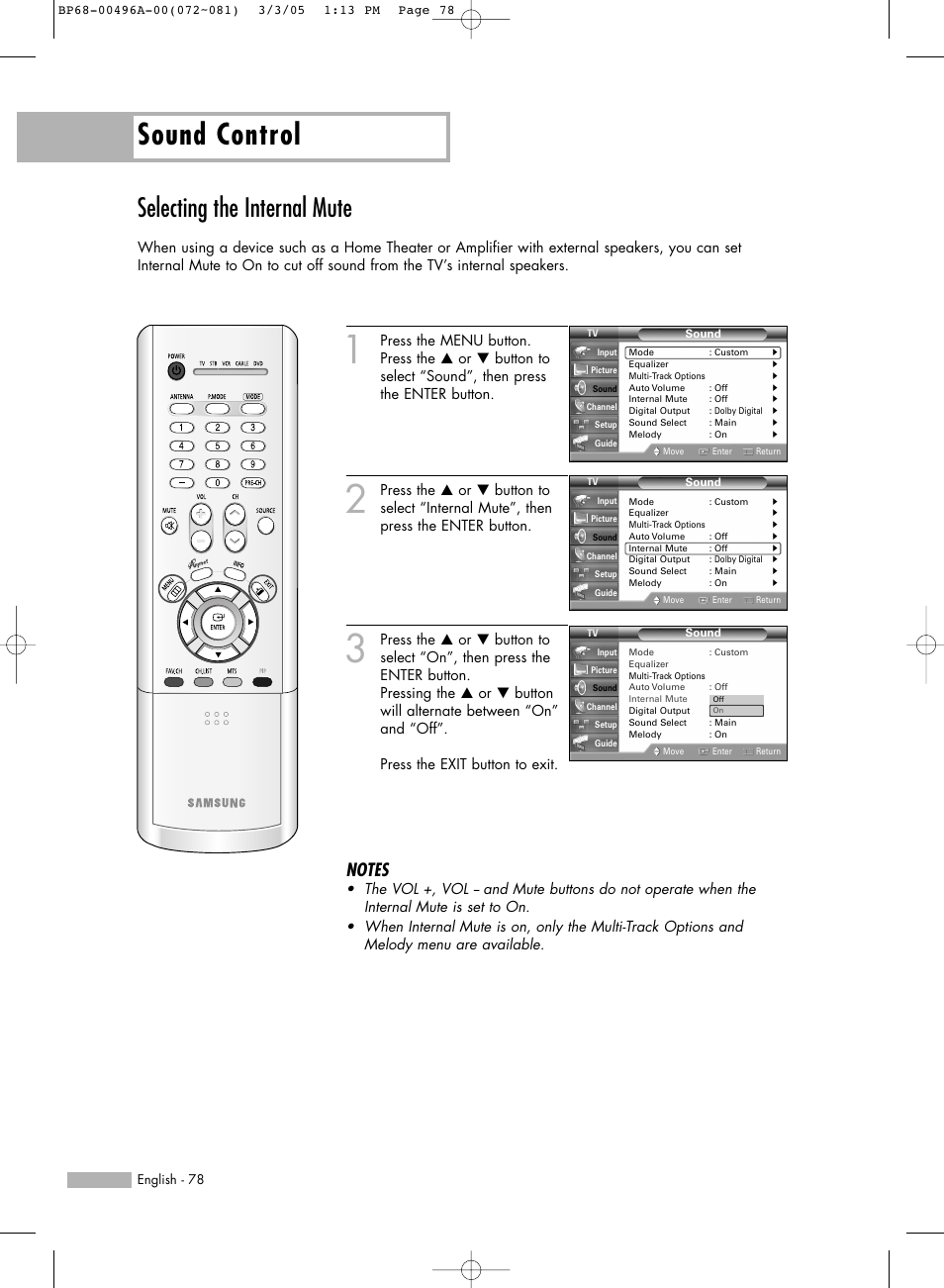 Selecting the internal mute, Sound control | Samsung HL-R4266W User Manual | Page 78 / 108